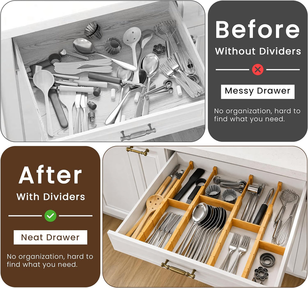 6 Pack Bamboo Drawer Dividers with 12 Inserts, Adjustable 17–22 Inch Expandab...