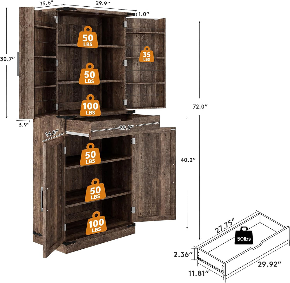 72" Kitchen Pantry Storage Cabinet with Doors and Shelves, Wood Farmhous...
