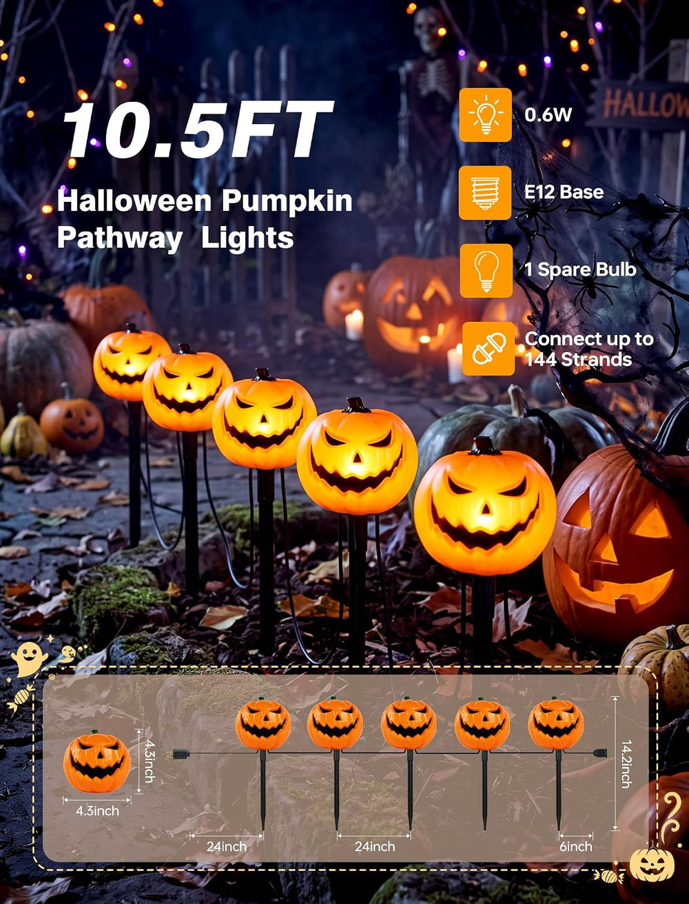 10.5FT Halloween Pumpkin Pathway Lights, 5PK LED Pumpkin Light Decor