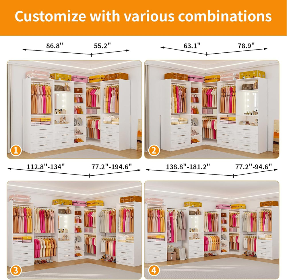 Closet System with 9 Wood Drawers, Corner Closet System with LED Mirror, Walk...