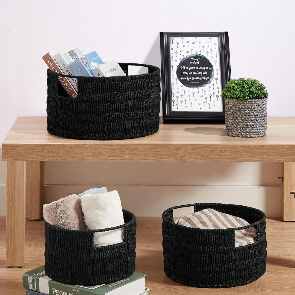 Wicker Storage Basket, Hand-Woven Paper Rope Large Round Woven Basket With Ha...