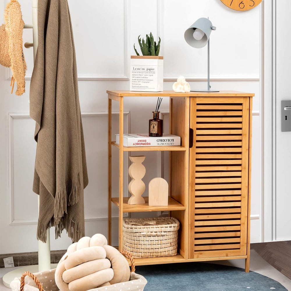 Tangkula Bamboo Bathroom Floor Cabinet, Storage Cabinet with Shutter Door and...