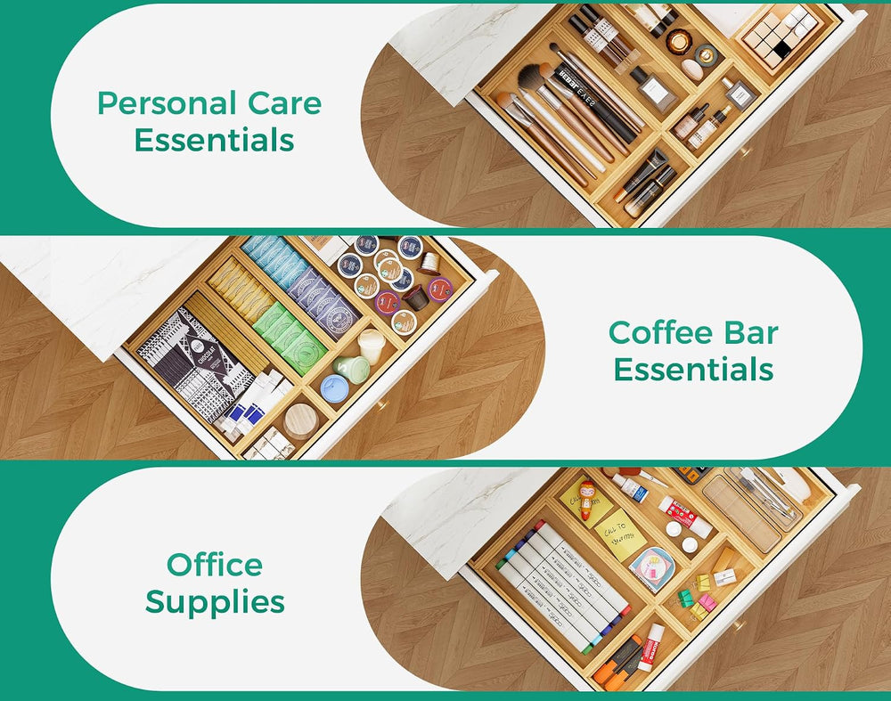 Long Bamboo Kitchen Drawer Organizer Boxes 17" x 6" Wood Pantry Org...