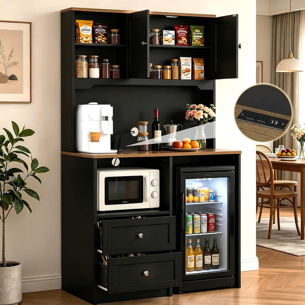 72" Kitchen Pantry Storage Cabinet with Fridge Space, Black