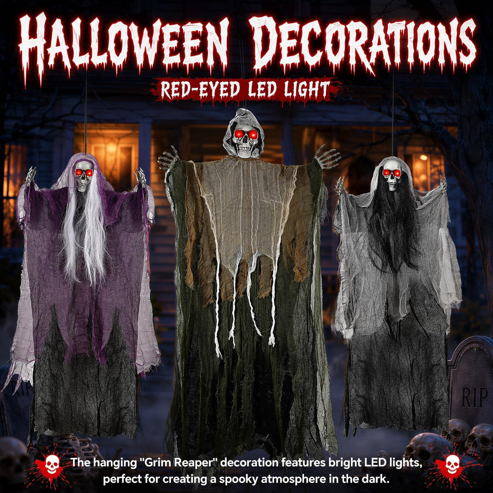 3PCS Scary Hanging Ghosts with Glowing Eyes, Light-Up Halloween Ghost Decorat...