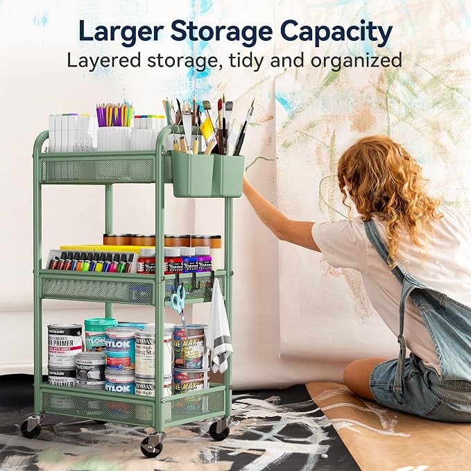 YASONIC 3 Tier Rolling Cart – Metal Utility Storage Cart
