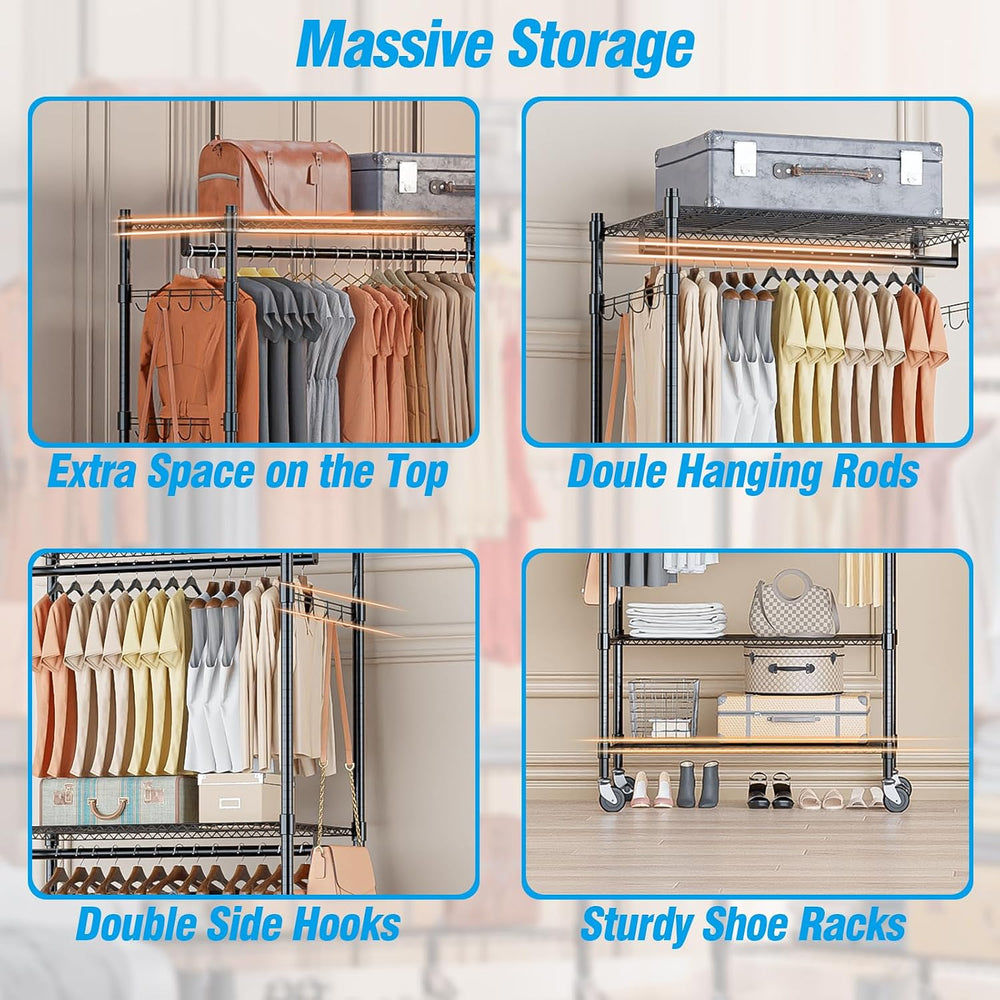 Homdox Heavy Duty Clothing Rack with 3 Tier Adjustable Wire Shelves, Garment ...