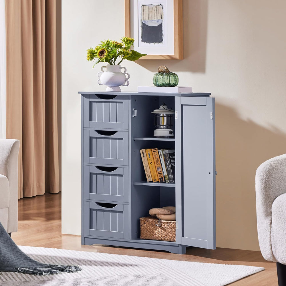 Yaheetech Bathroom Storage Cabinet with 4 Beadboard Drawers and Door, Gray