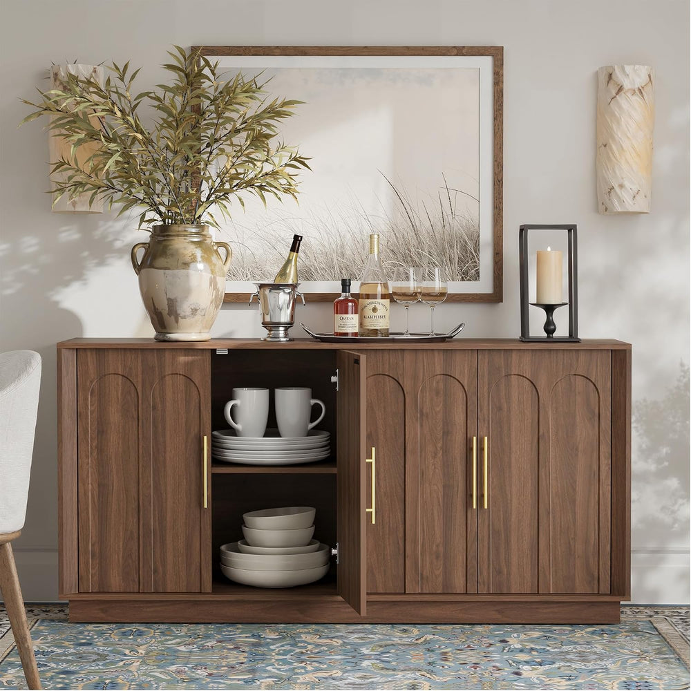 FORTUNETEC 67" Sideboard Buffet Cabinet with Storage, Arched Doors, Walnut