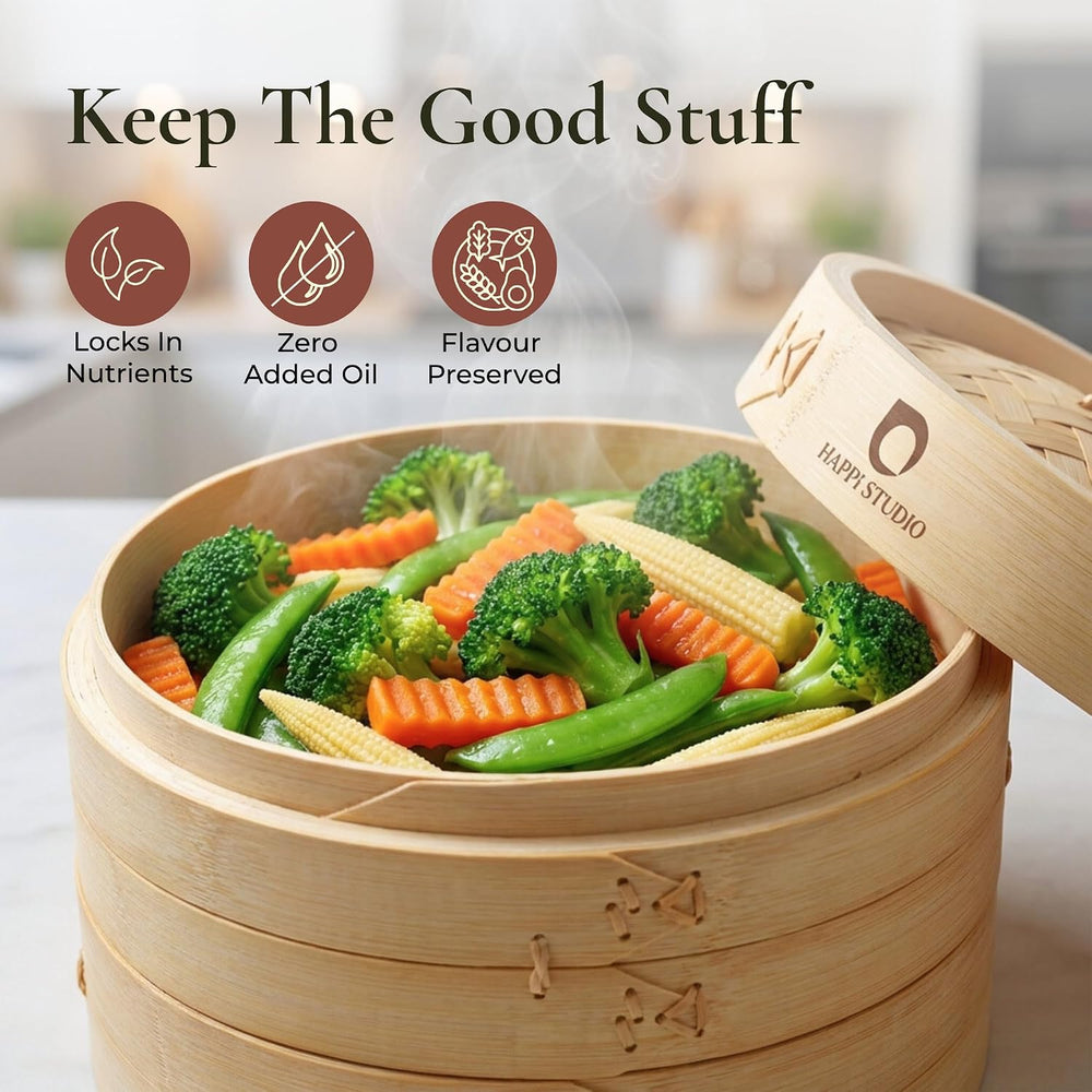 Bamboo Steamer Basket 10-Inch, 2-Tier Dumpling Steamer Cooking