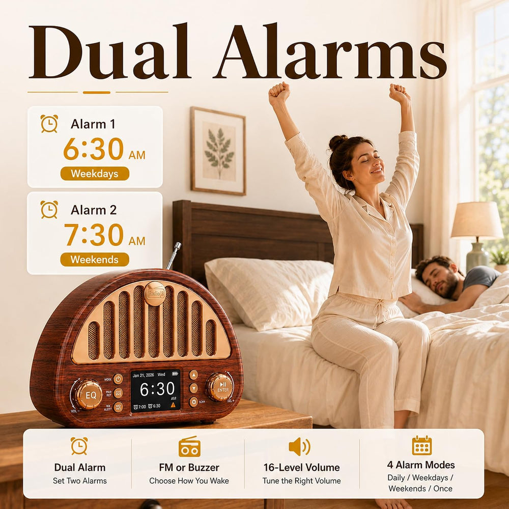 Retro Alarm Clock Radio with Bluetooth, Dual Alarms and NOAA Weather Alert