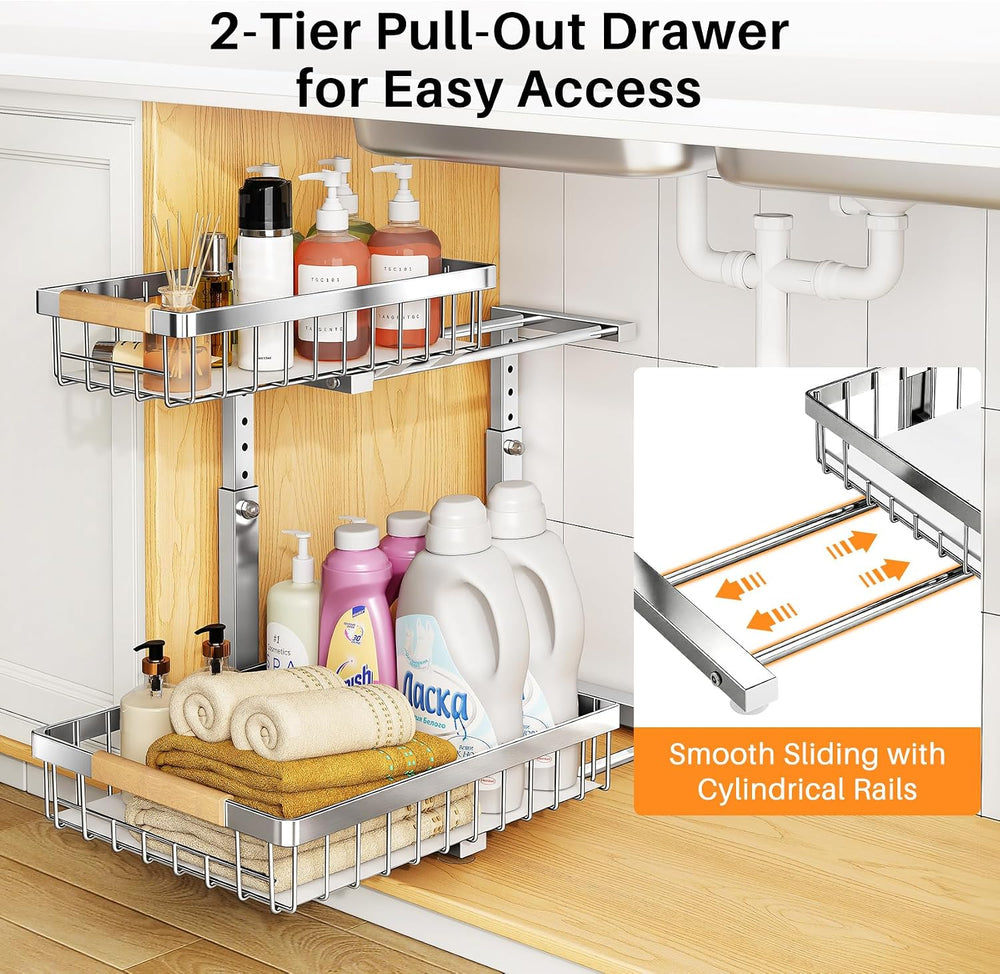 PXRACK Under Sink Organizer, Adjustable Height, 2 Tier Pull Out Cabinet Organ...