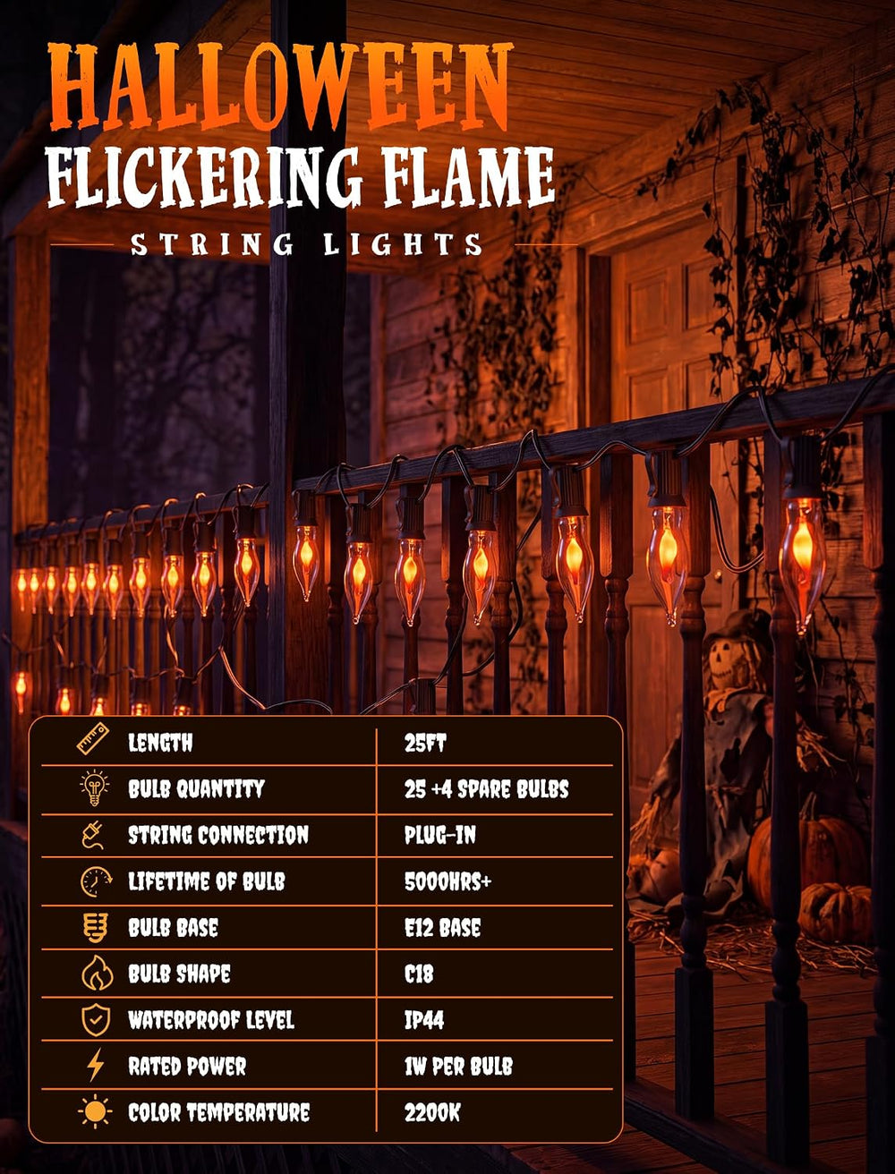 25Ft C18 Flickering Flame String Lights, Outdoor Halloween Decorations