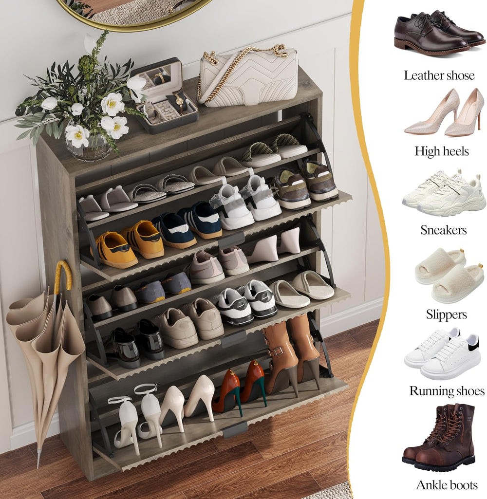 HUANLEGO Shoe Cabinet Storage for Entryway with 3 Flip Drawers, Grey Fluted S...