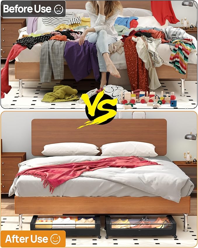 Under Bed Storage with Wheels, Square Under Bed Storage Containers, 4 Pack