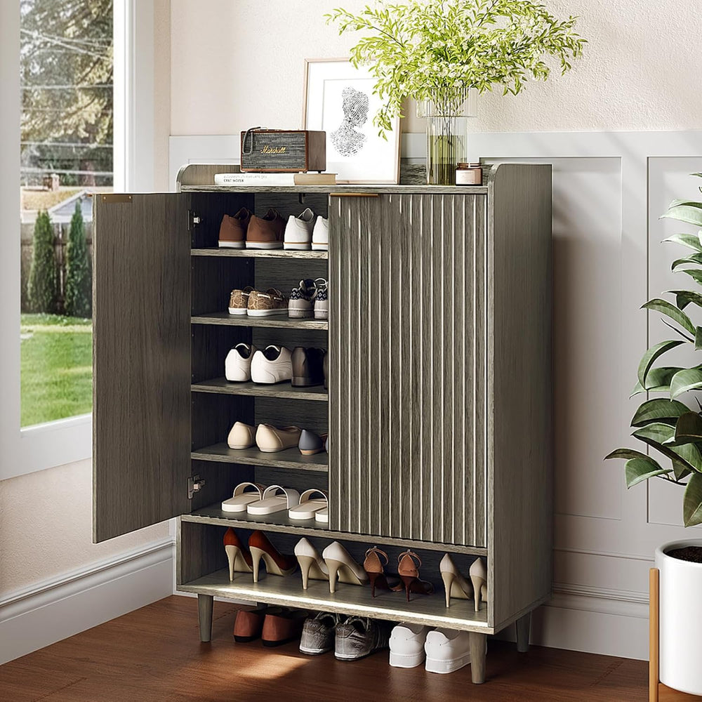 VINGLI Shoe Cabinet with Fluted Doors, 6 Tier Large Wooden Entryway Shoe Stor...