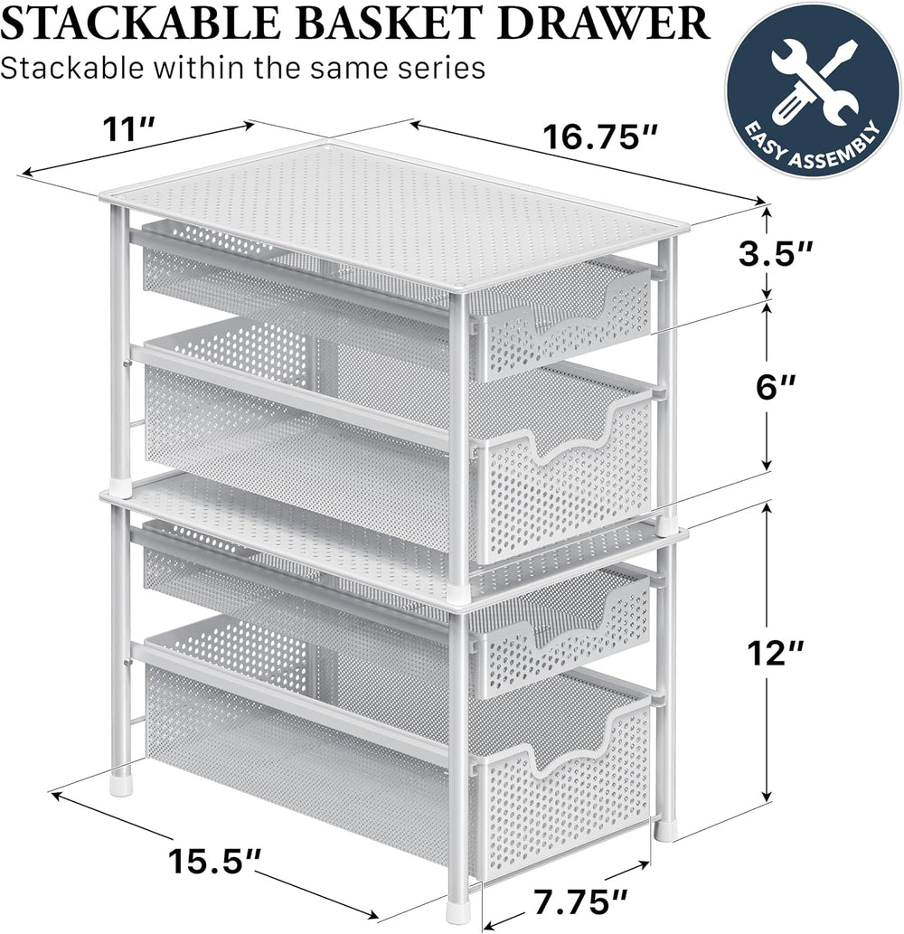 Simple Houseware Stackable 2 Tier Sliding Basket Organizer Drawer, White