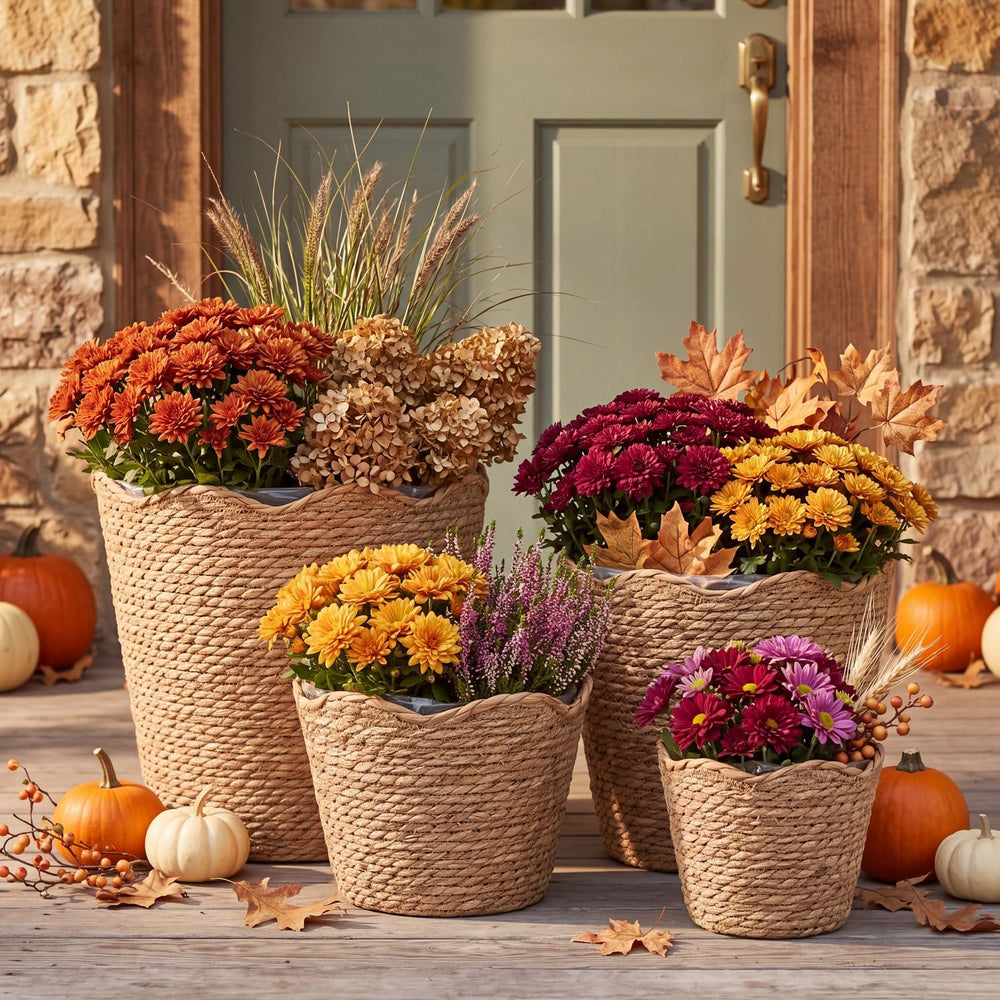 4 Pack Fall Scalloped Wicker Plant Baskets Woven Basket Planter, Wavy