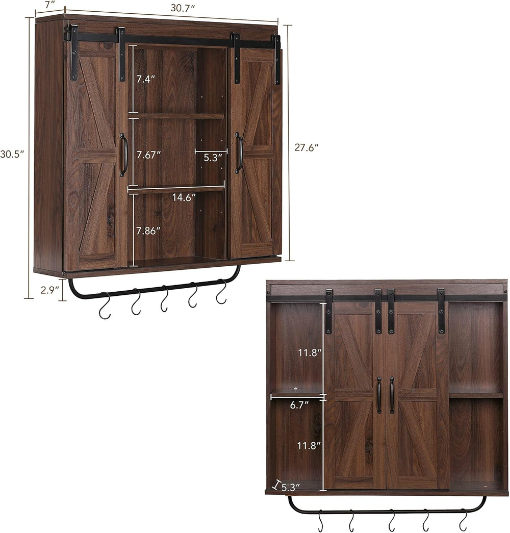 RUSTOWN Farmhouse Bathroom Wall Cabinet with Sliding Barn Door & Towel Rack