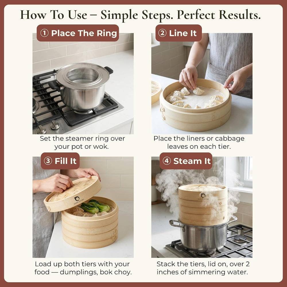 Bamboo Steamer Basket 10-Inch, 2-Tier Dumpling Steamer Cooking