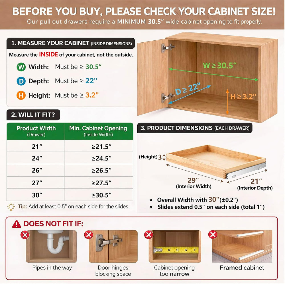 2 Set Wood Pull out Cabinet Organizer, Wood Color, 30'' X 21''...