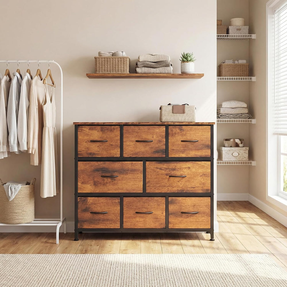 DUMOS Wide Dresser with 8 Fabric Drawers and Wood Top, Chest, Brown