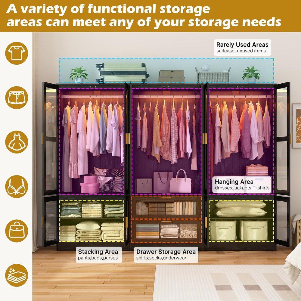 6 Doors Armoire Wardrobe Closet with LED and Mirror,71" H Freestanding W...