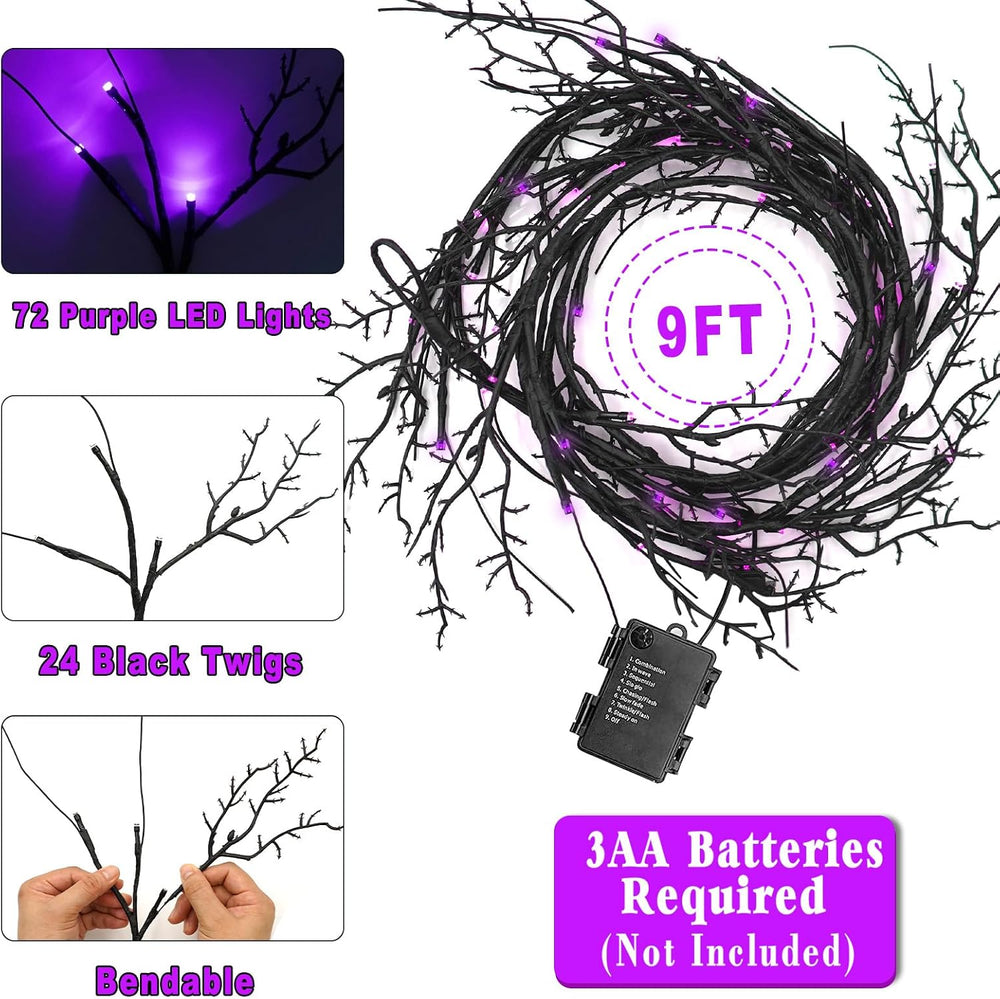 9Ft 72 LED Halloween Willow Vine Twig Garland with Lights - 8 Modes & Tim...