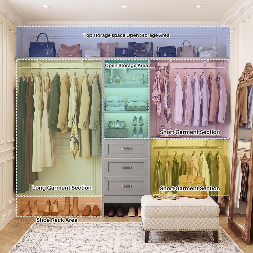 8FT Closet System with 3 Curved Drawers, 96'' Wooden Walk-in Closet O...