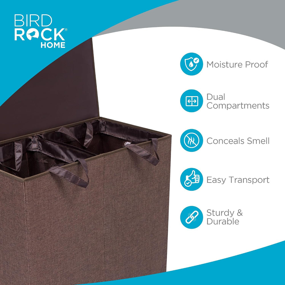 BIRDROCK HOME 13Gal Tall Double Laundry Hamper with Lid, Brown, 25.75”