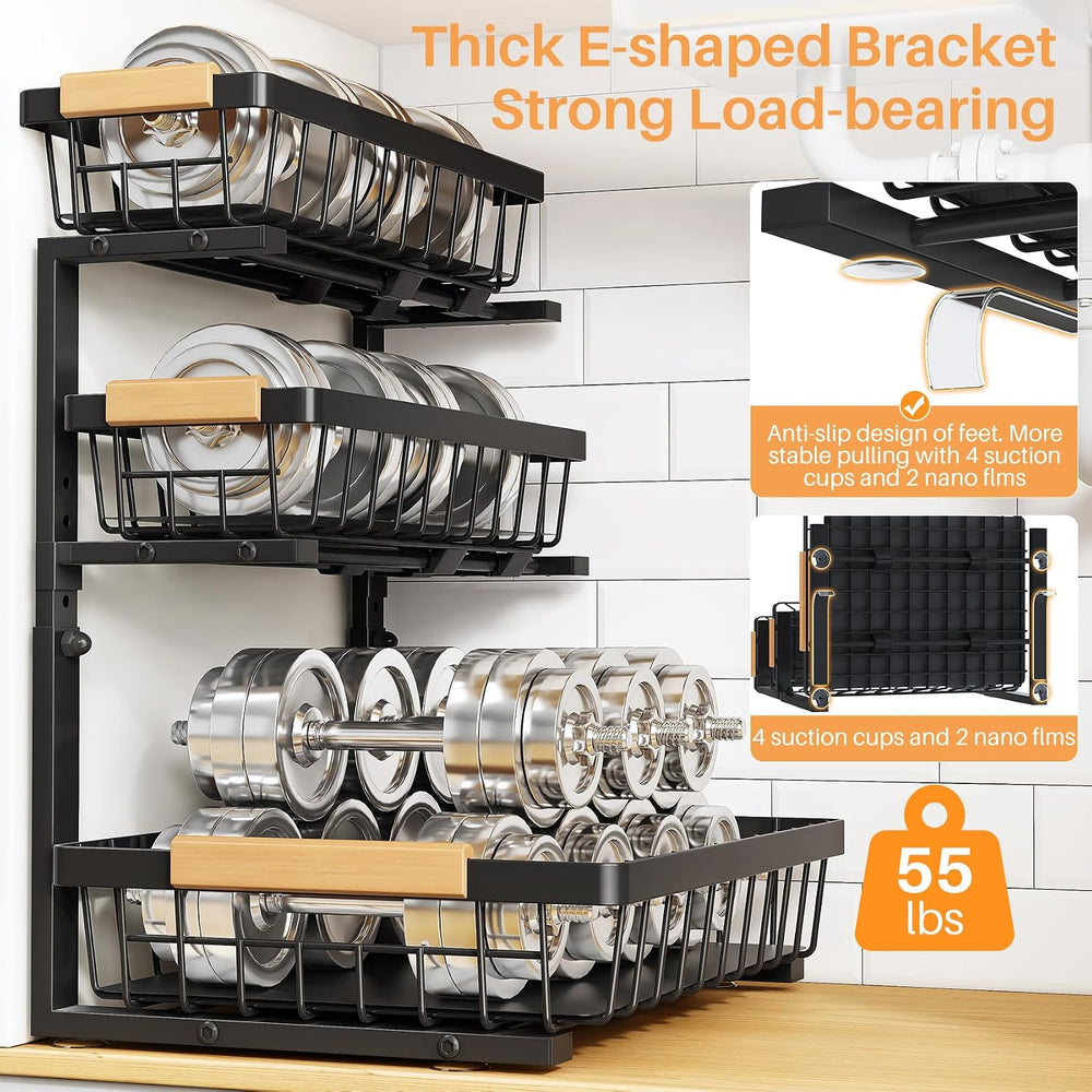 PXRACK Under Sink Organizer, 3-Tier 2-Pack Adjustable Height Pull Out Under C...