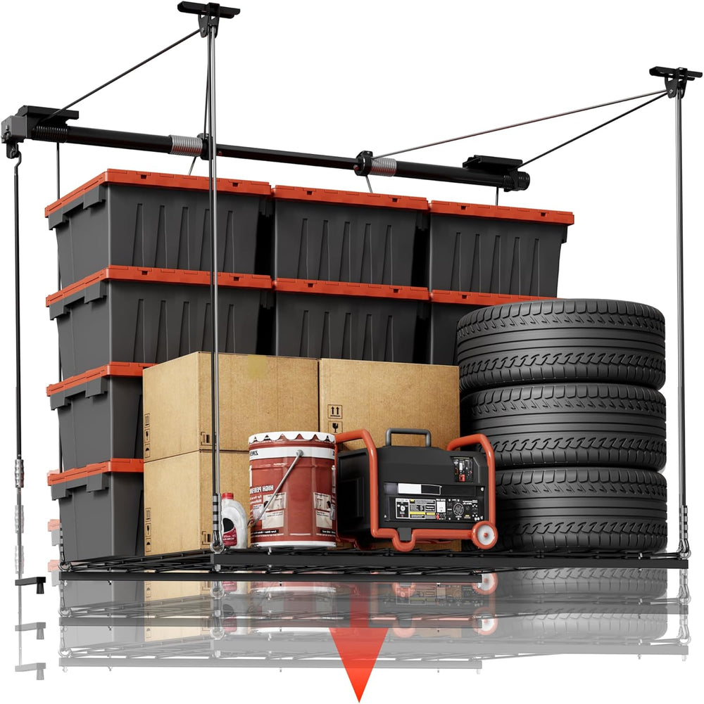FLEXIMOUNTS Overhead Garage Storage Rack Lift, 4x4 Ft Heavy-Duty Garage Ceili...