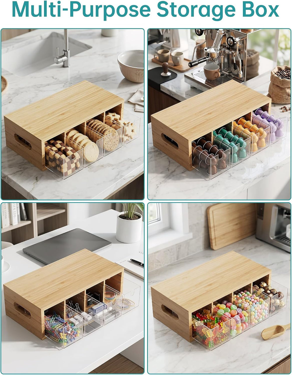 NiHome Bamboo Tea Bag Organizer with 4 Clear Acrylic Drawers and Top Tray