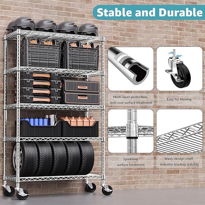 5-Shelf Storage Shelves, Wire Shelving Heavy Duty Metal Storage Shelving Unit