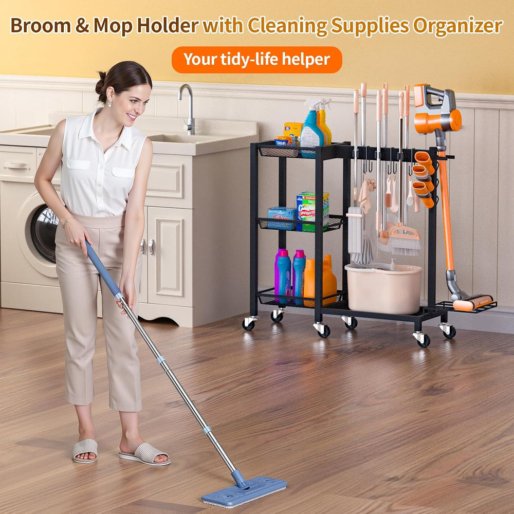 Broom Holder with Cleaning Supplies Organizer, 30.7"Wx11.8"Dx34.6&q...