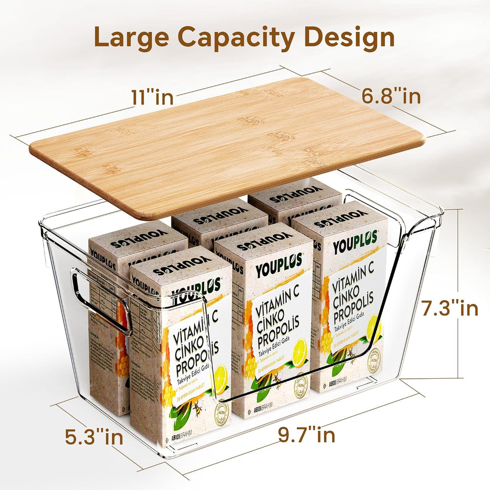 2 Set Pantry Organizers and Storage with Bamboo Lids, Stackable Clear Bins fo...
