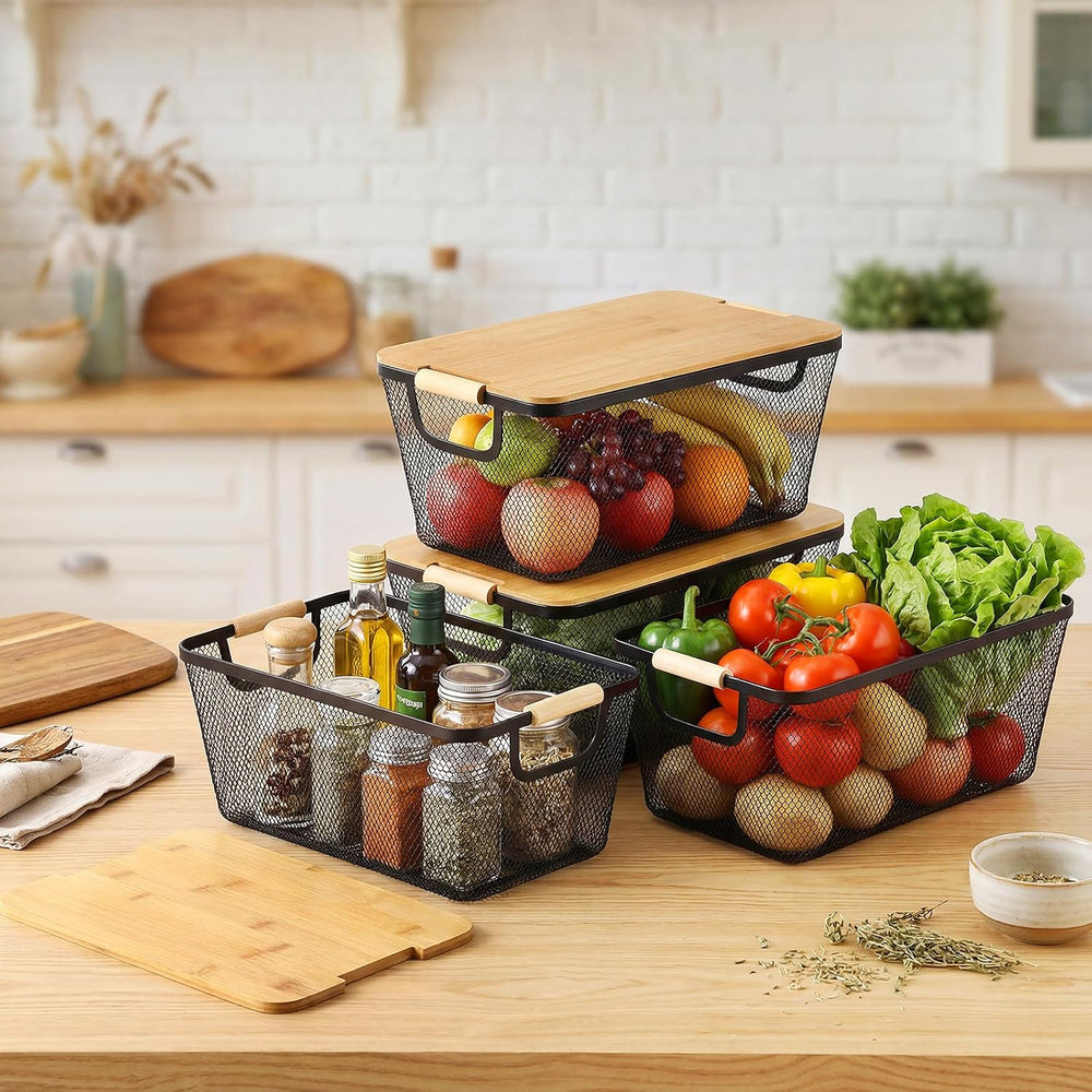 4 Pcs Black Metal Wire Basket with Wooden Handles and Bamboo Lids 14.37"...