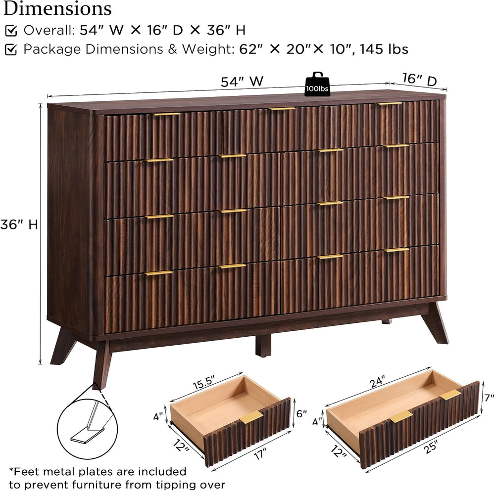 T4TREAM 54" Wide Fluted 9 Drawer Dresser for Bedroom, Dark Walnut