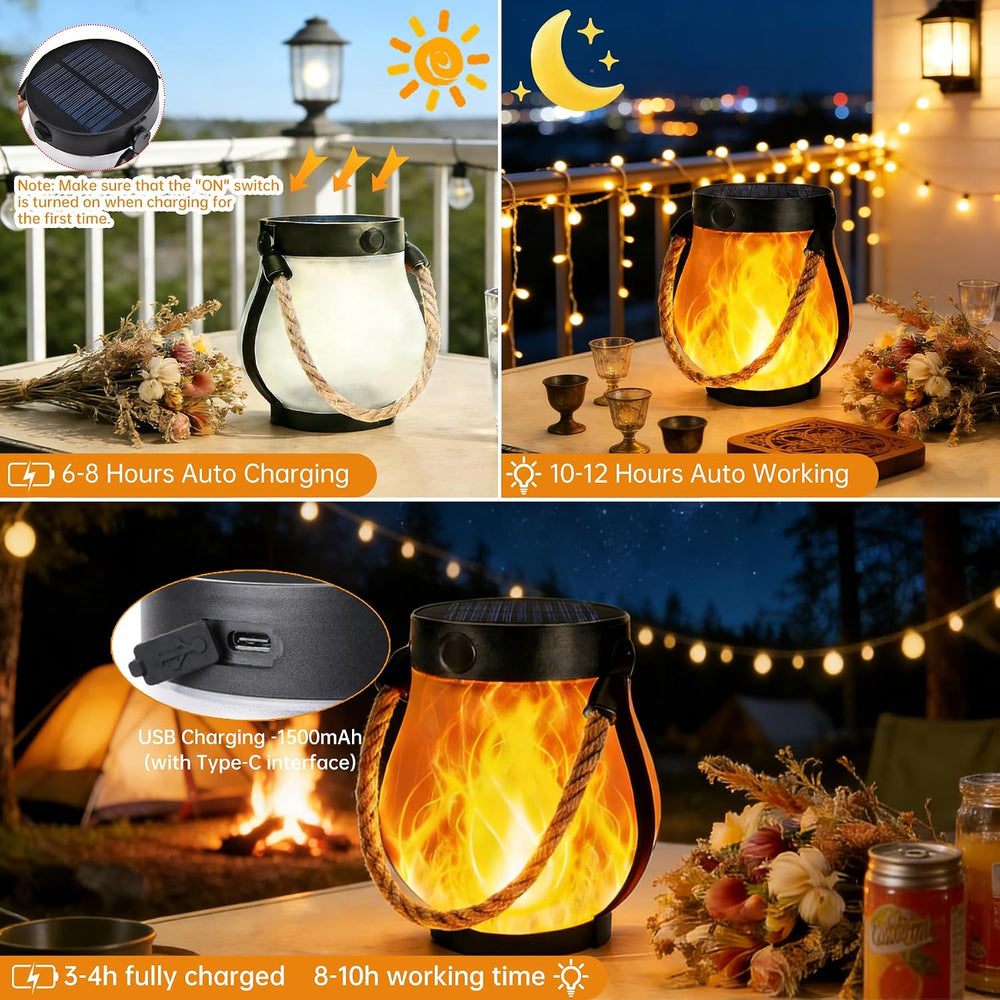 2 Pack Solar Lanterns Outdoor Waterproof, Flickering Flame Hanging Lanterns