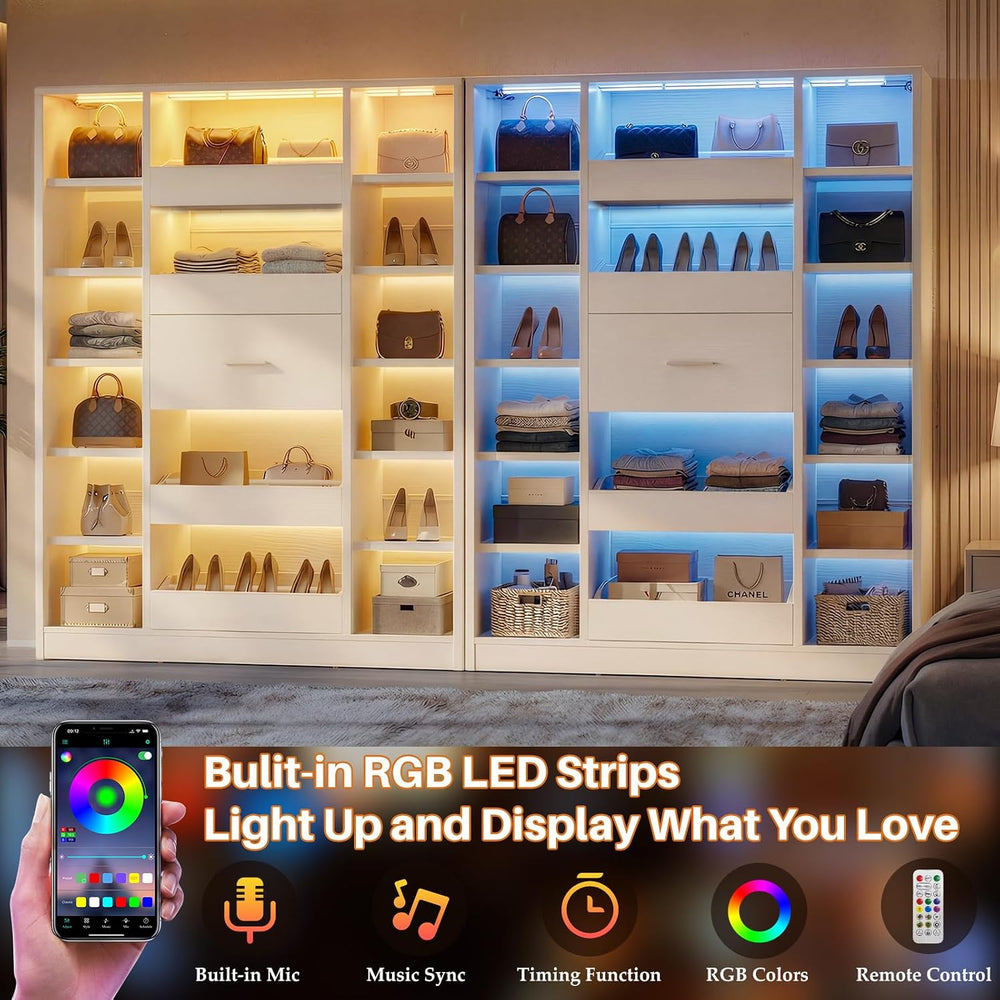 Besiost 40" Closet System with Lights, Wood Closet Organizer with 5 Drawers