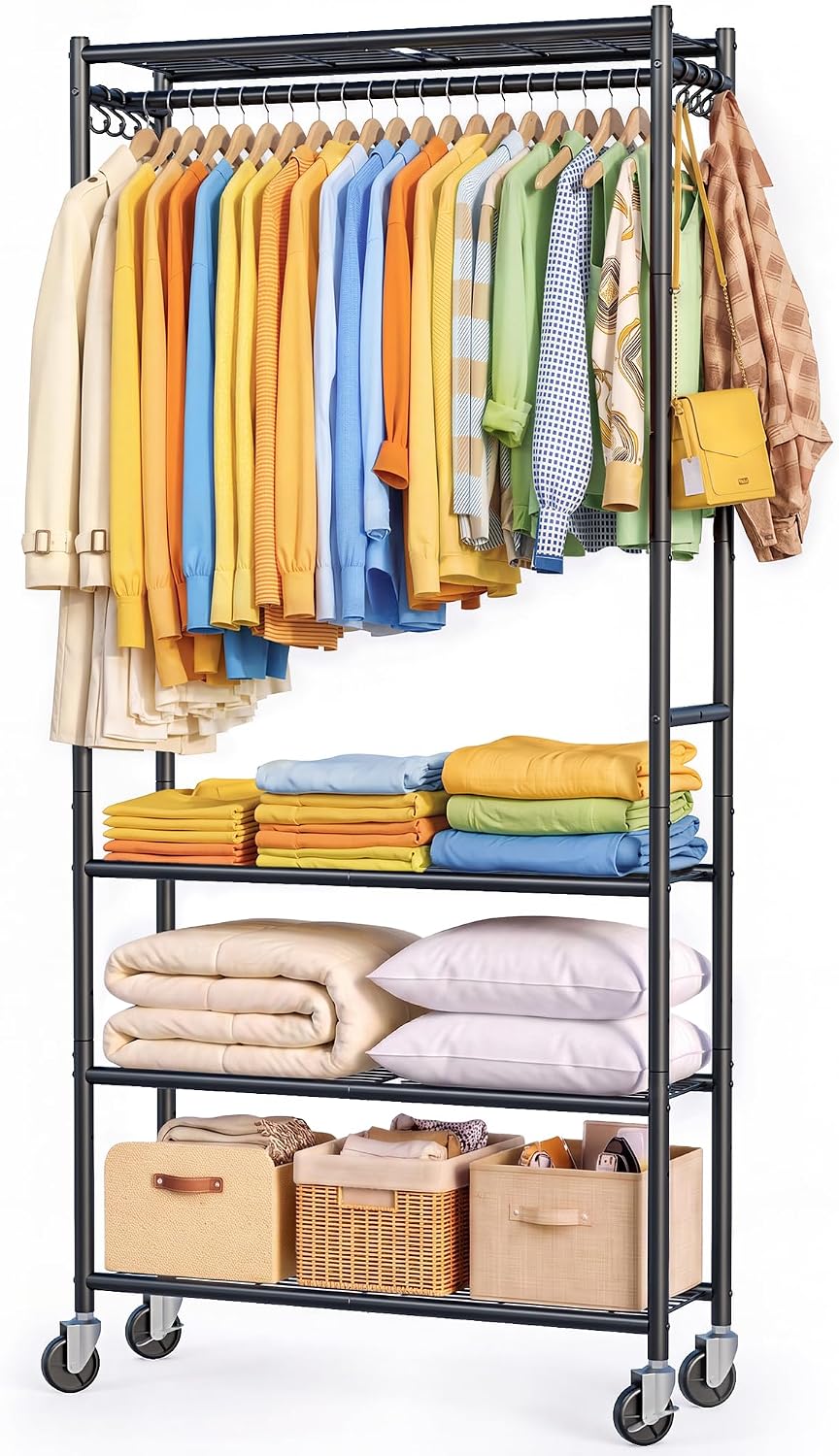 Sakugi Rolling Clothes Rack with Adjustable Shelves, 33"x12.5"x79.5...