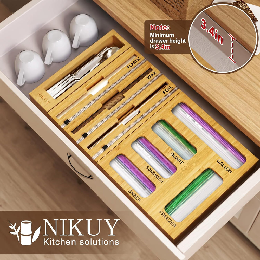9 IN 1 Bamboo Foil and Plastic Wrap Organizer for Kitchen Drawer, Plastic Bag...