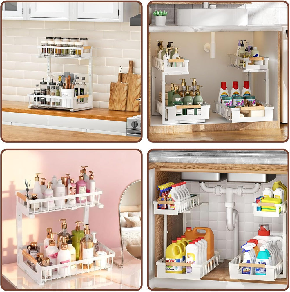 2 Pack Under Sink Organizer, 2 Tier Pull Out Cabinet Organizer with 5-Level A...