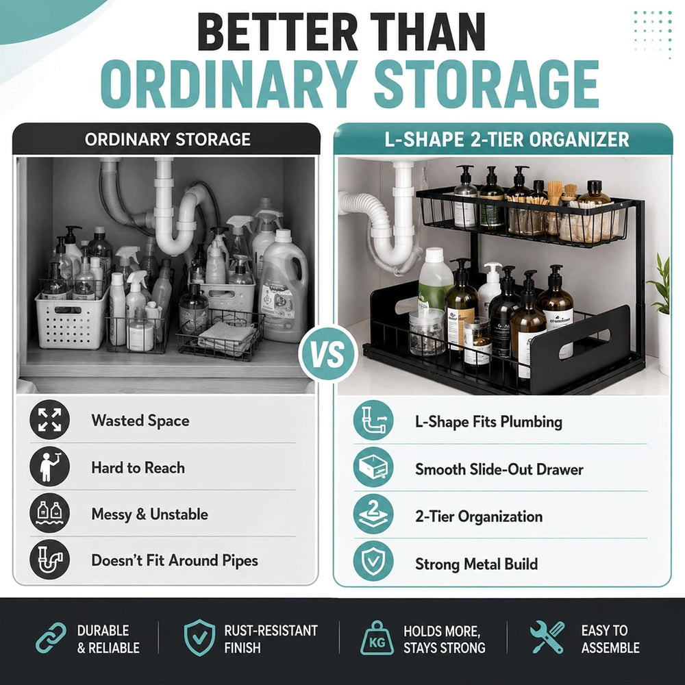 2-Tier Under Sink Organizer, Pull-Out Cabinet Storage Rack, Black, Adjustable...