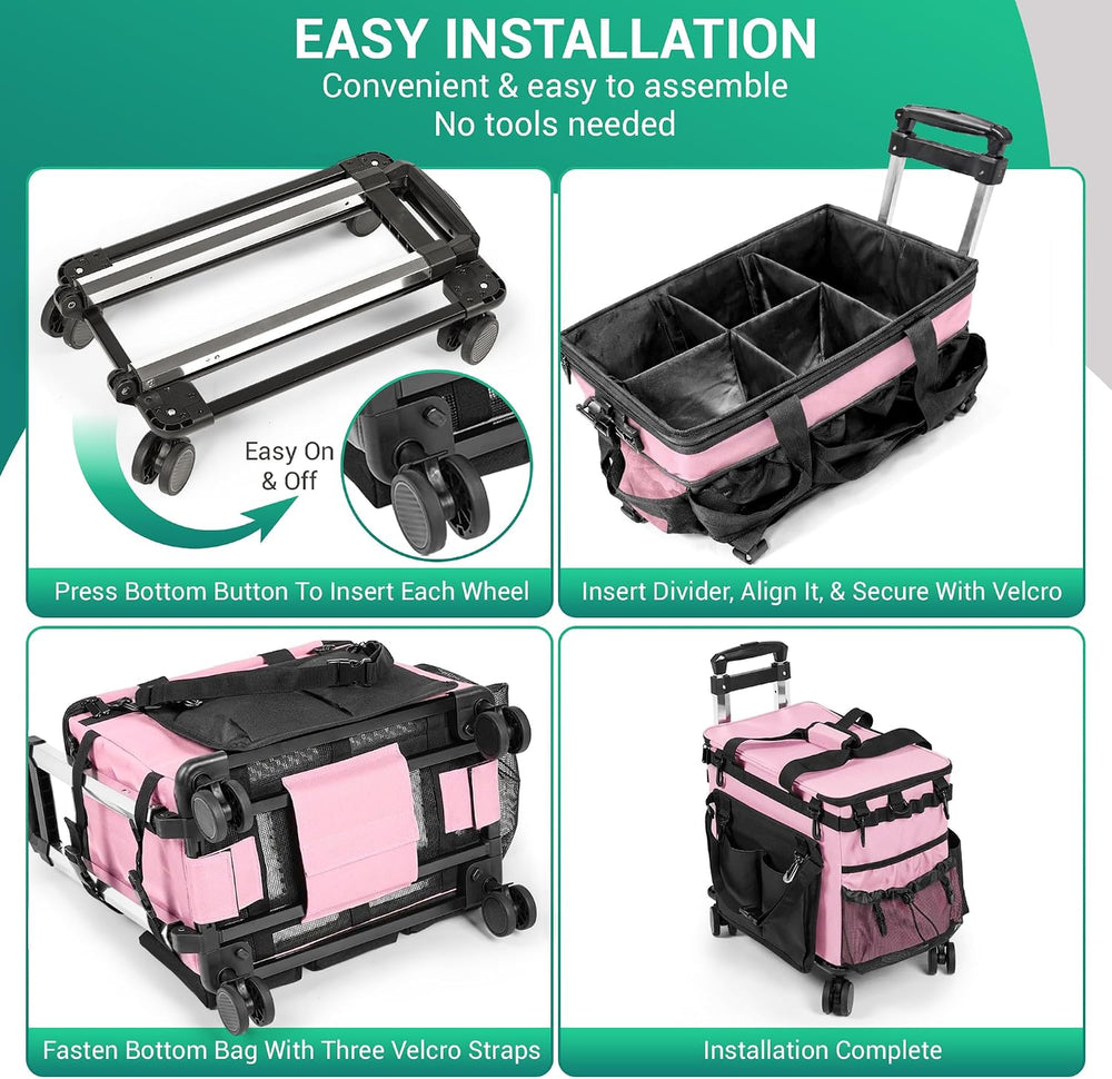 Rolling Cleaning Caddy Bag w/Detachable Trolley & Lid (Pink)