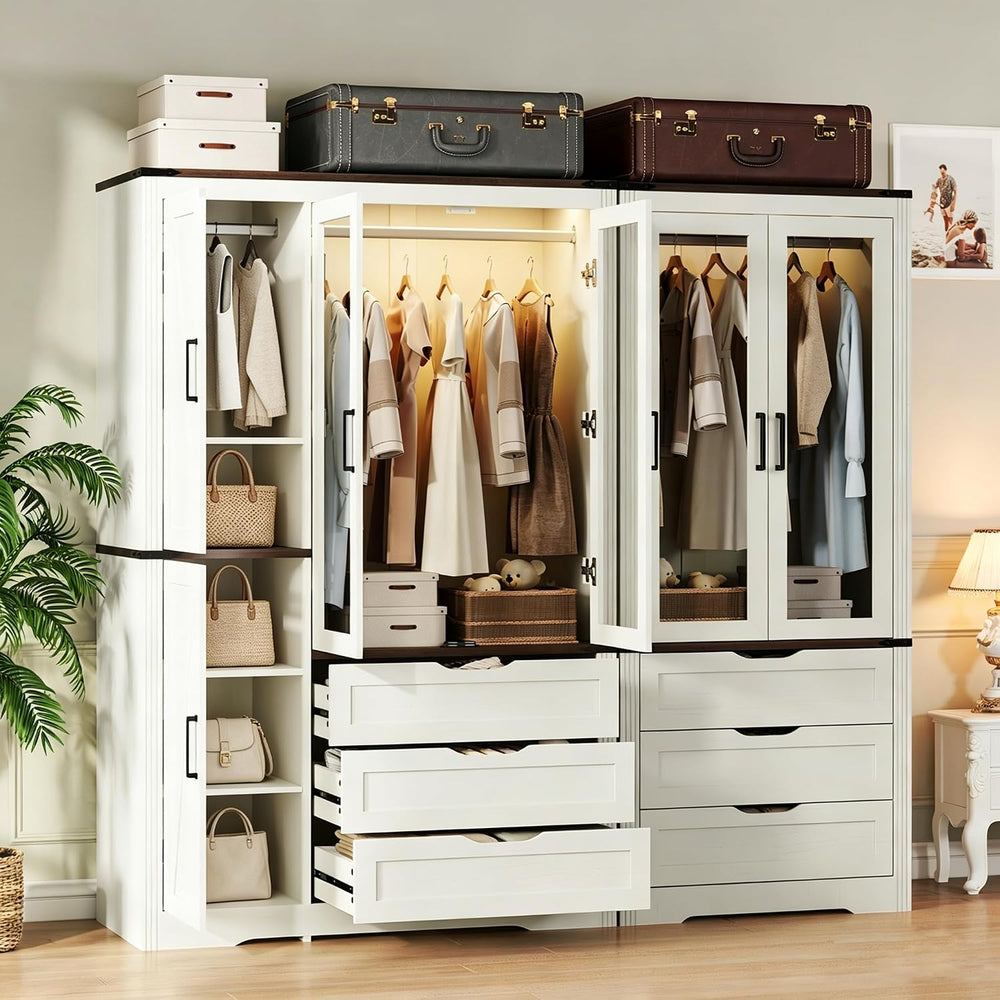 Concho 73'' Wood Farmhouse 4 Doors Armoire Wardrobe Closet with LED L...