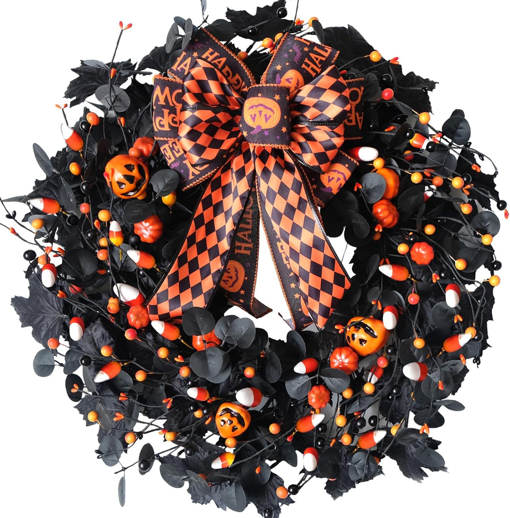 22inch Black Halloween Wreaths for Front Door Bow Decorative