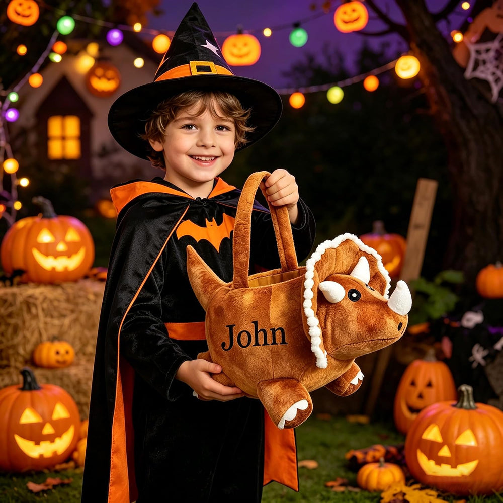 Personalized Halloween Basket 3D Plush Triceratops Dinosaur Trick ot Treat Ba...