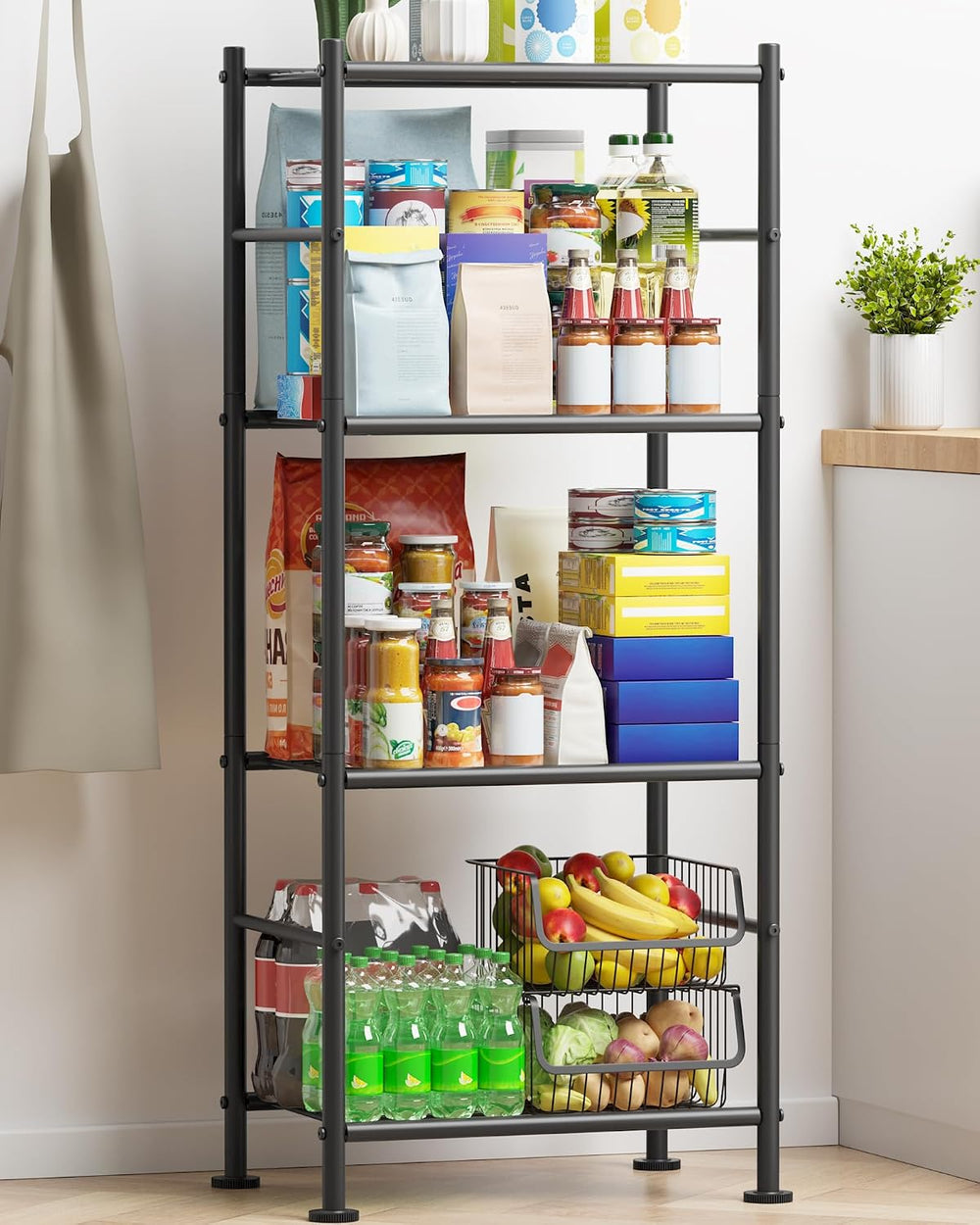 4-Tier Metal Storage Shelves Adjustable Feet, 18"x12"x44", Black