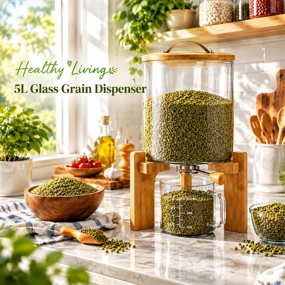Tlence 5L Glass Rice Dispenser, Cereal Container with Bamboo Stand, Large Air...